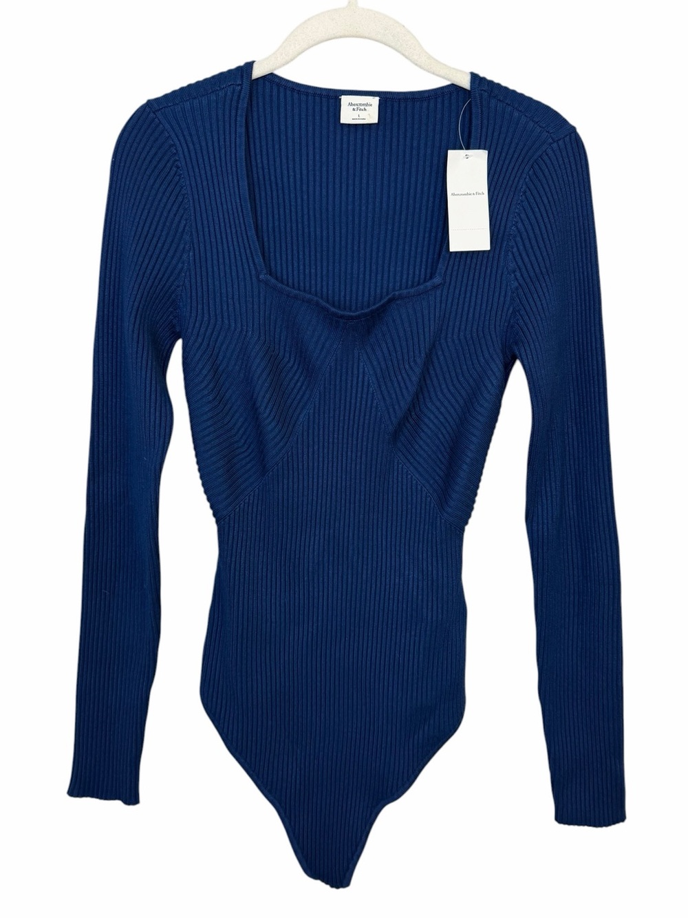 NWT Abercrombie & Fitch Ribbed Long Sleeve Knit Bodysuit in Light Navy sz L